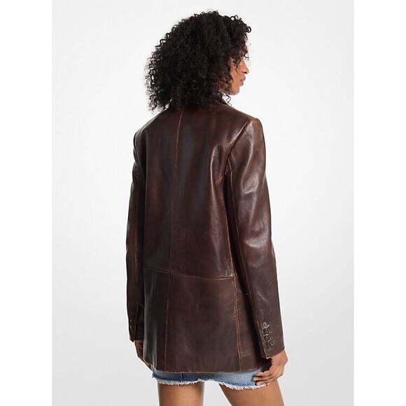 MICHAEL KORS BURNISHED 100% LEATHER CHOCOLATE BLAZER. MSRP$895. SZ4 LAPEL COLLAR - Picture 2 of 11